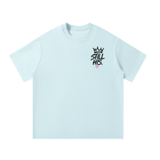 Front of sky blue Not Abandoned Just Redirected oversized tee with Still His left chest print