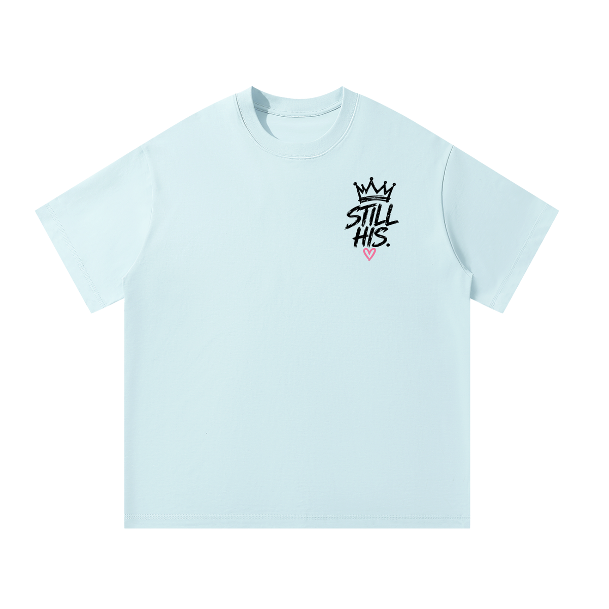 Front of sky blue Not Abandoned Just Redirected oversized tee with Still His left chest print