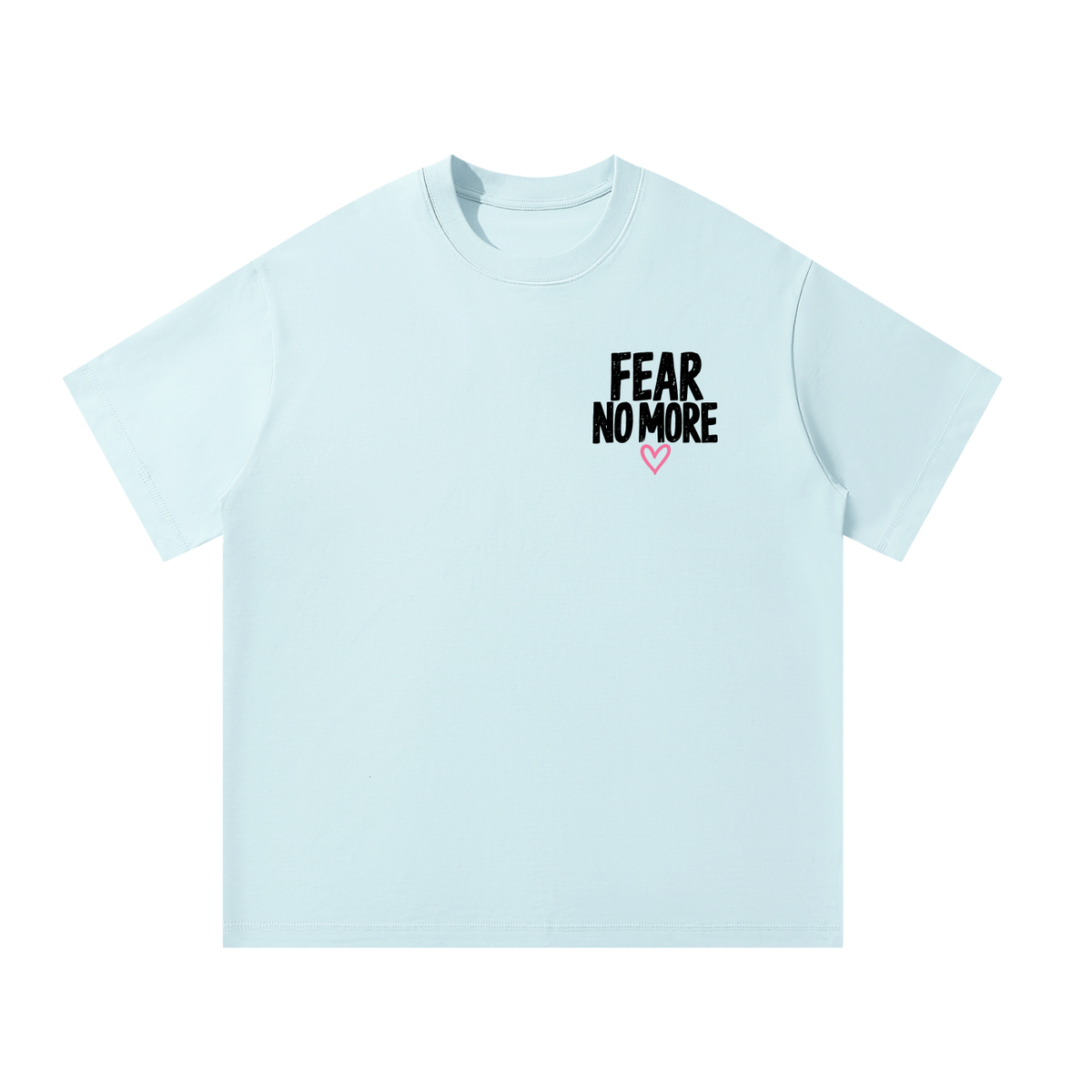 Front of sky blue God Delivered Me oversized tee with Fear No More left chest print