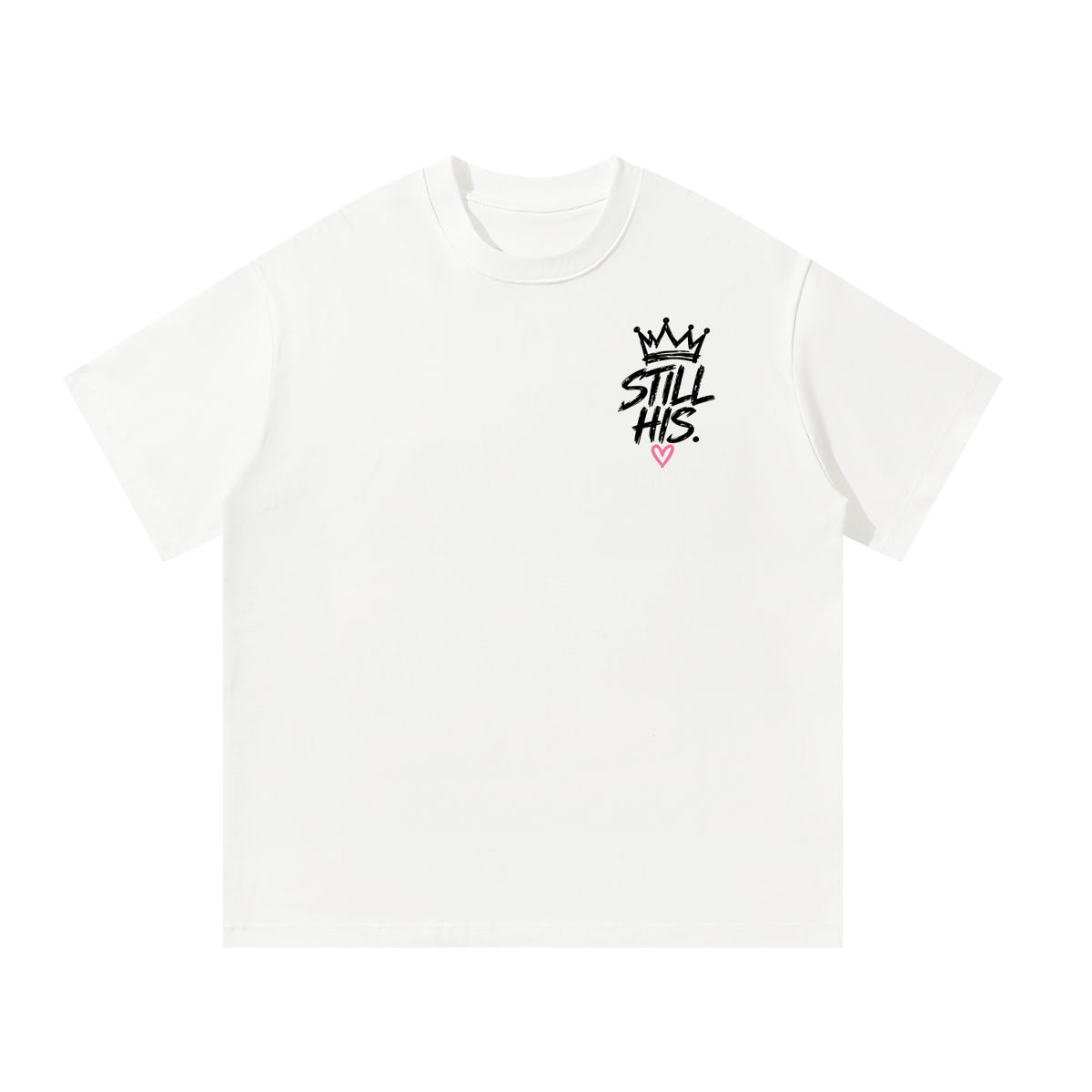 Front of white Not Abandoned Just Redirected oversized tee with Still His left chest print