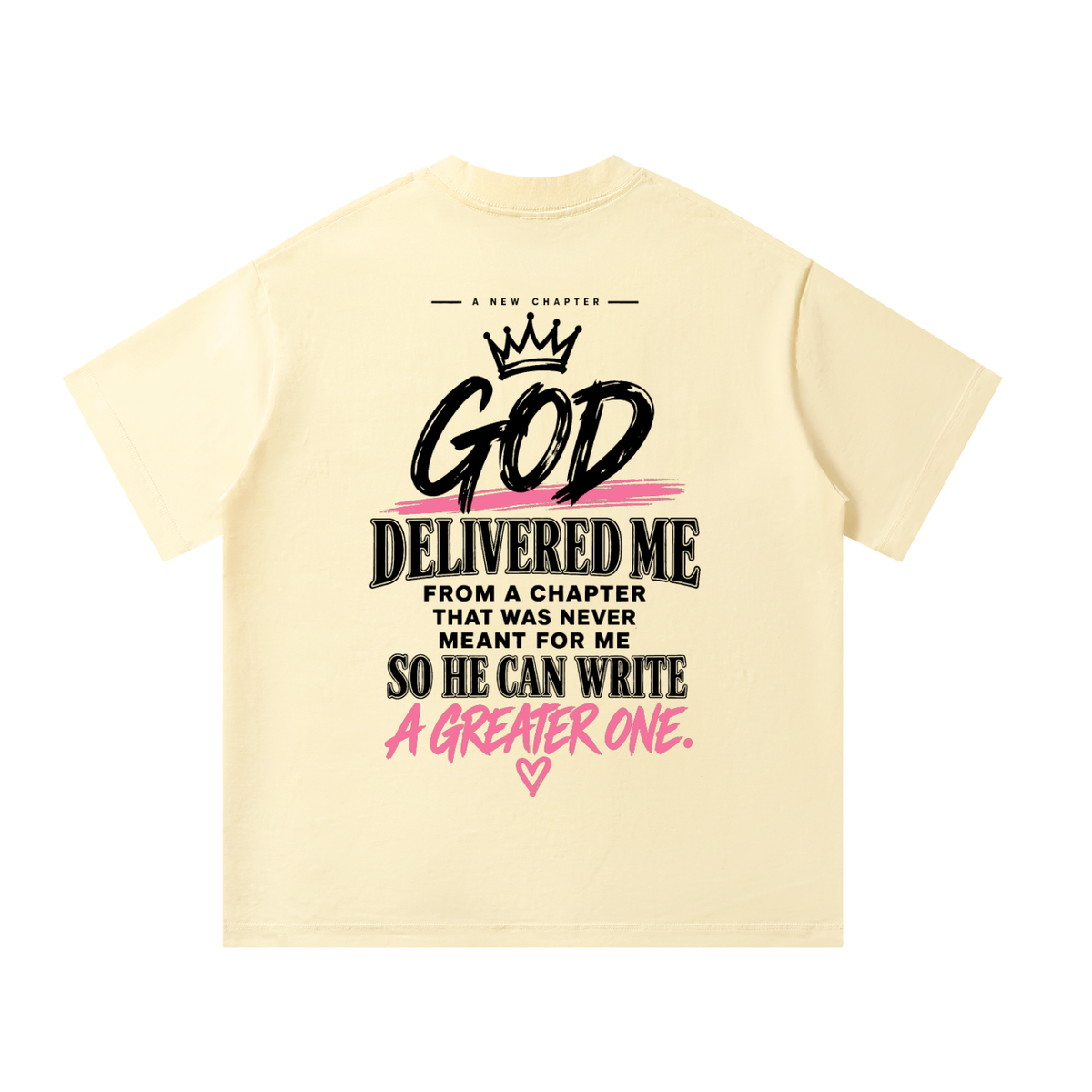 Back of apricot God Delivered Me oversized tee with black and pink statement print