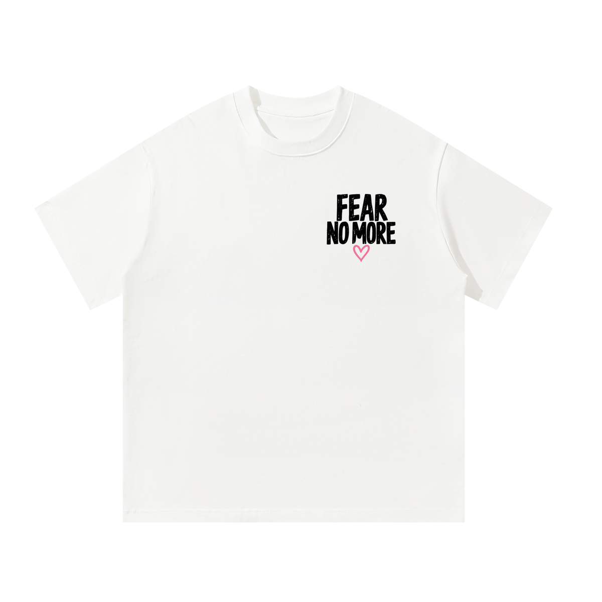 Front of white God Delivered Me oversized tee with Fear No More left chest print