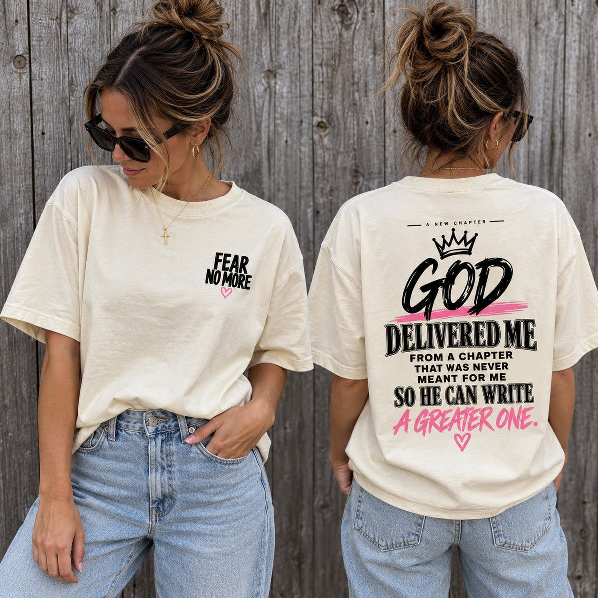 Woman wearing the cream God Delivered Me oversized Christian tee, front with Fear No More chest print and back with full statement print