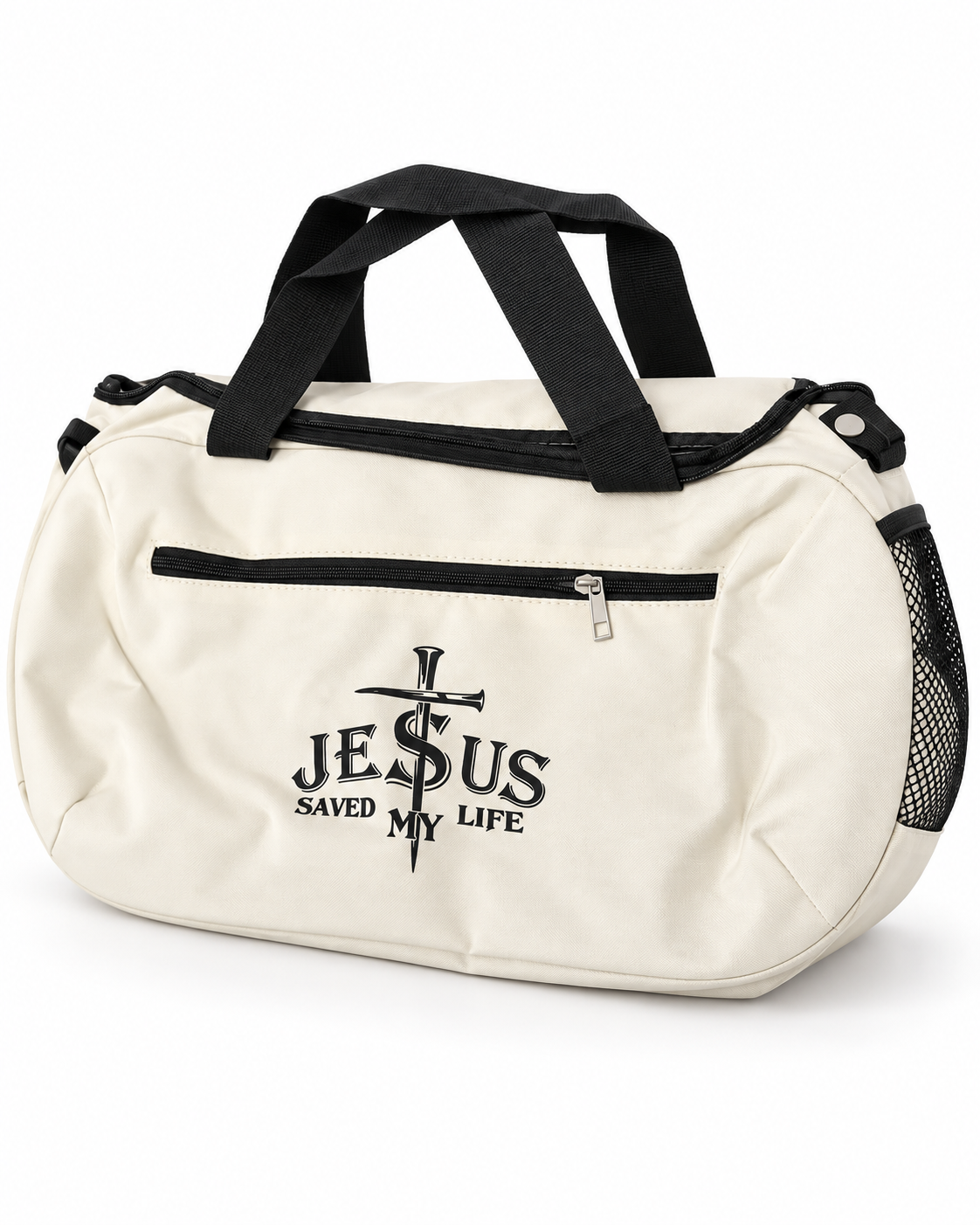 Jesus Saved My Life Cream Duffel Bag
