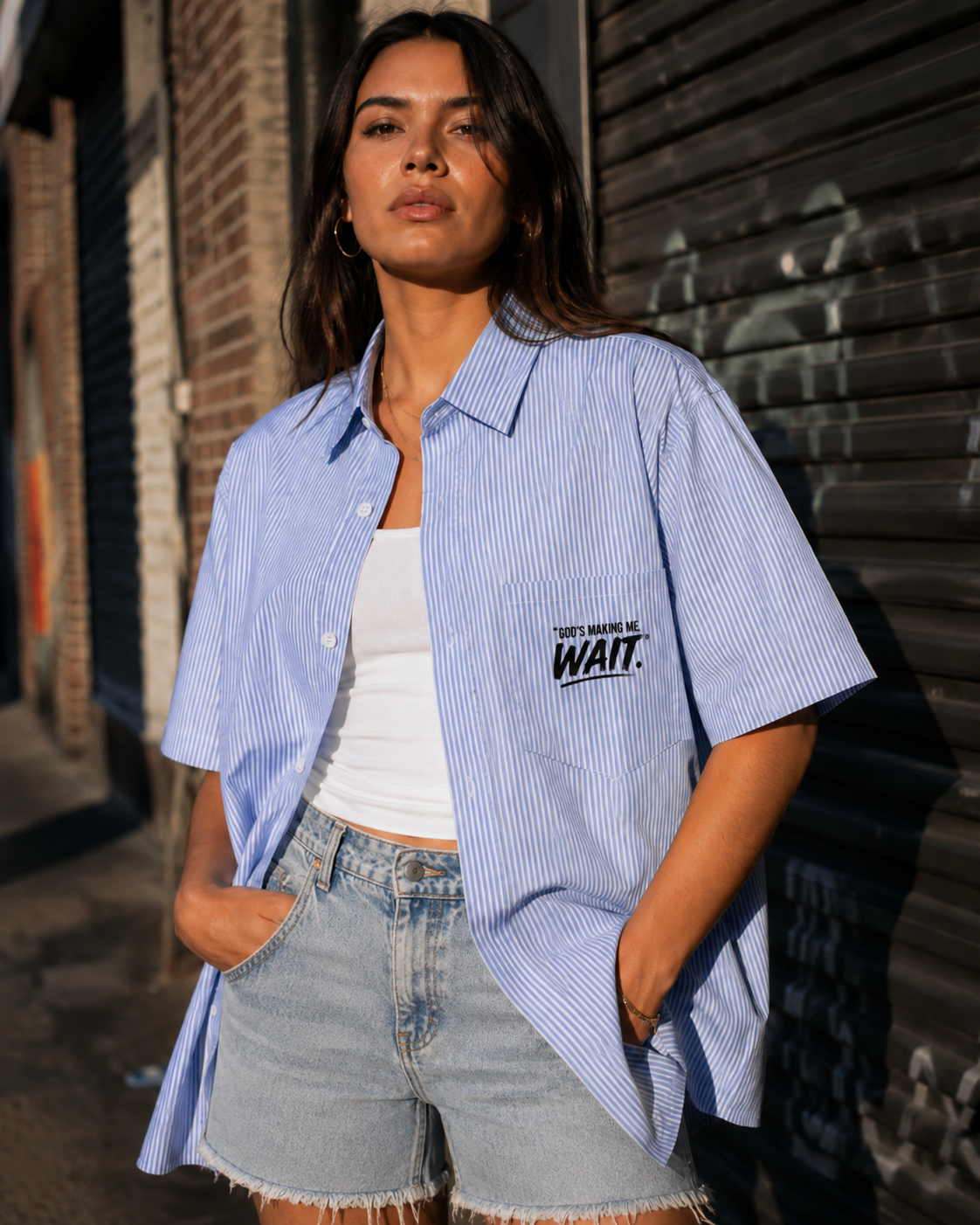 God's Making Me Wait – Striped Button-Up Shirt