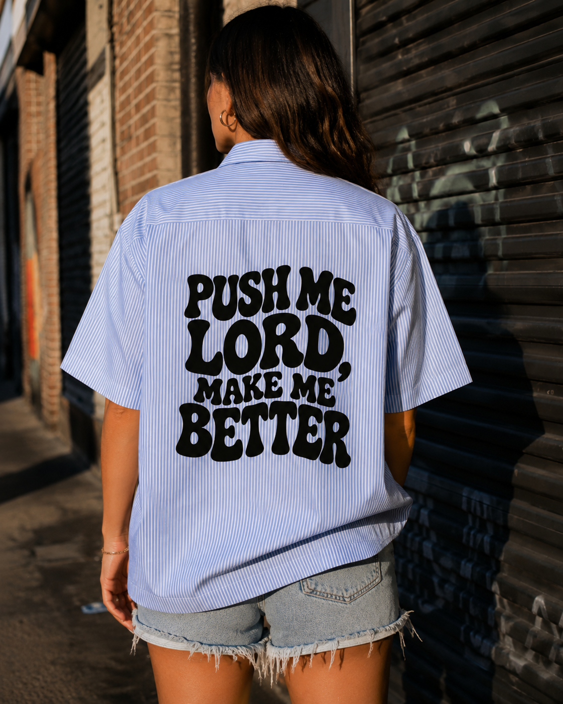 God's Making Me Wait – Striped Button-Up Shirt