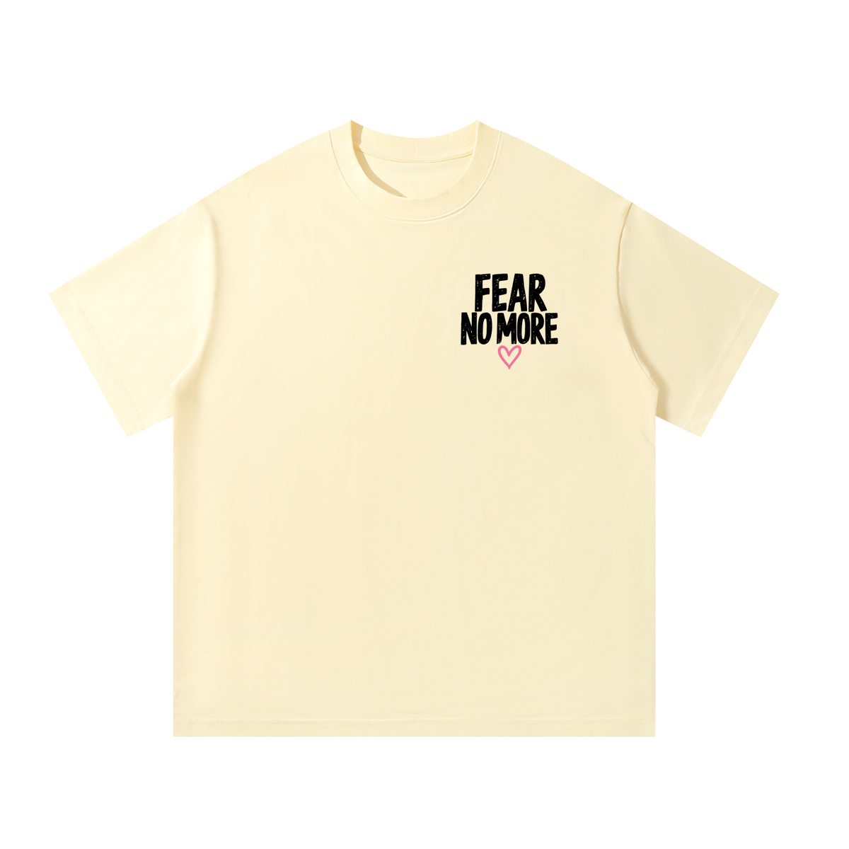 Front of apricot God Delivered Me oversized tee with Fear No More left chest print