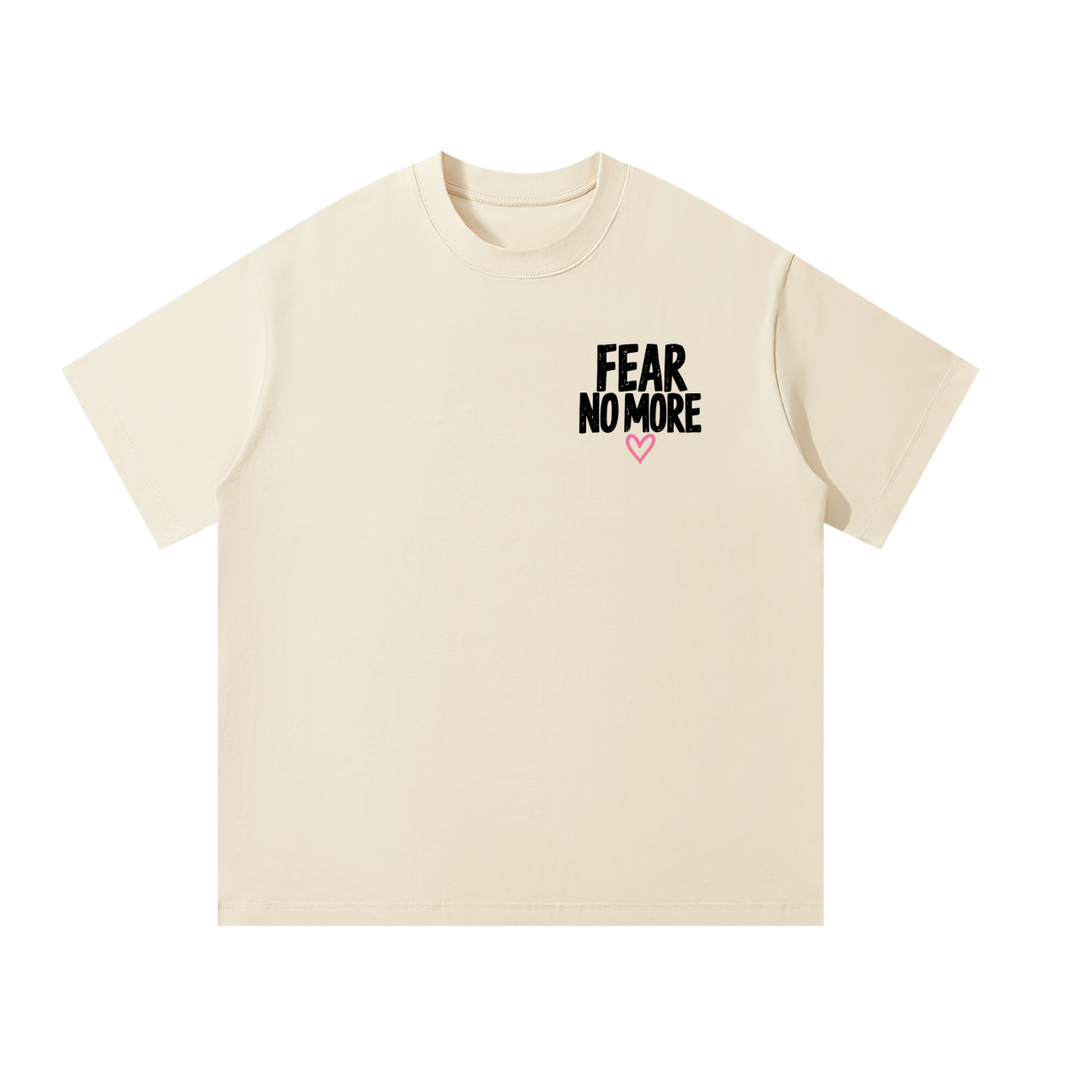 Front of mild apricot God Delivered Me oversized tee with Fear No More left chest print