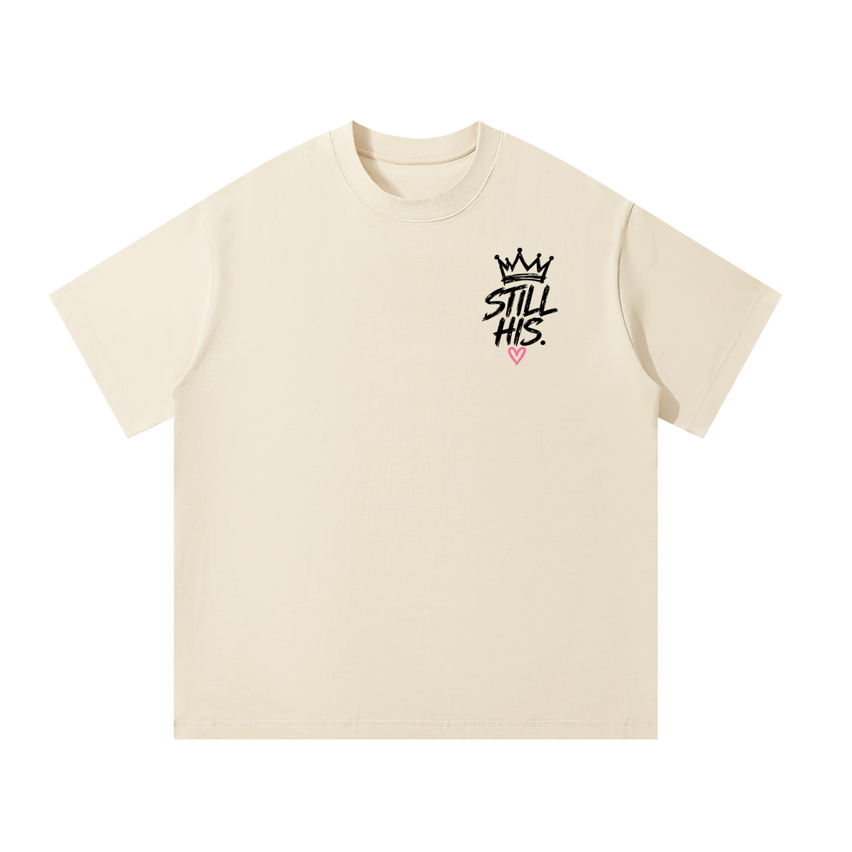 Front of mild apricot Not Abandoned Just Redirected oversized tee with Still His left chest print